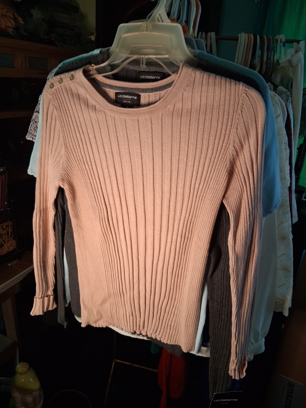 Liz Claiborne Blush Ribbed Crewneck Sweater with Shoulder Buttons